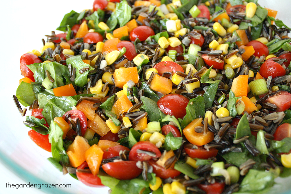 Wild rice spinach salad in a bowl