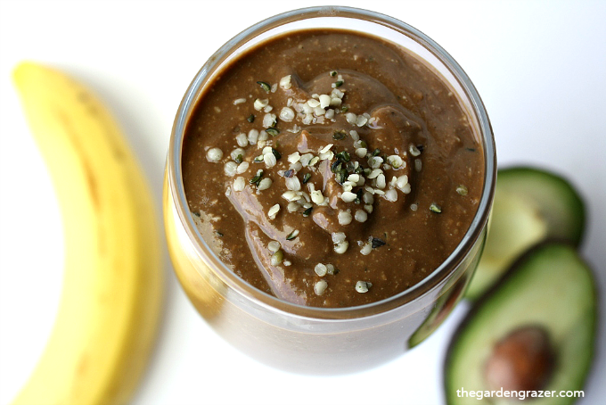 Overhead view of vegan chocolate hemp smoothie in a glass