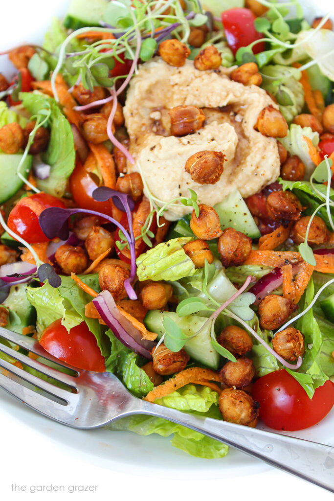 Roasted Chickpea Salad with Hummus - The Garden Grazer